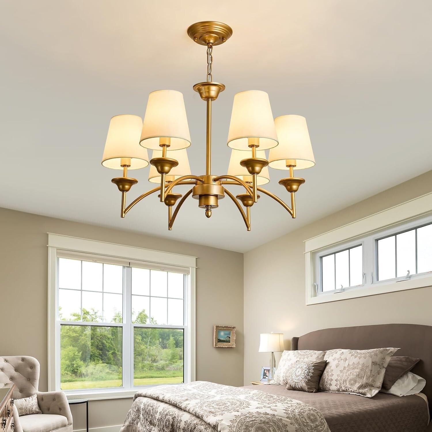 Elegant 6 Light Gold Pendant Chandelier with Fabric Shades - Modern Home Fixture