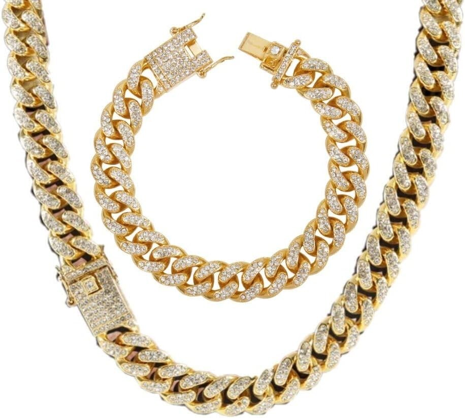 Iced Out Cuban Link Necklace and Bracelet Set - 18K Gold Plated for Men