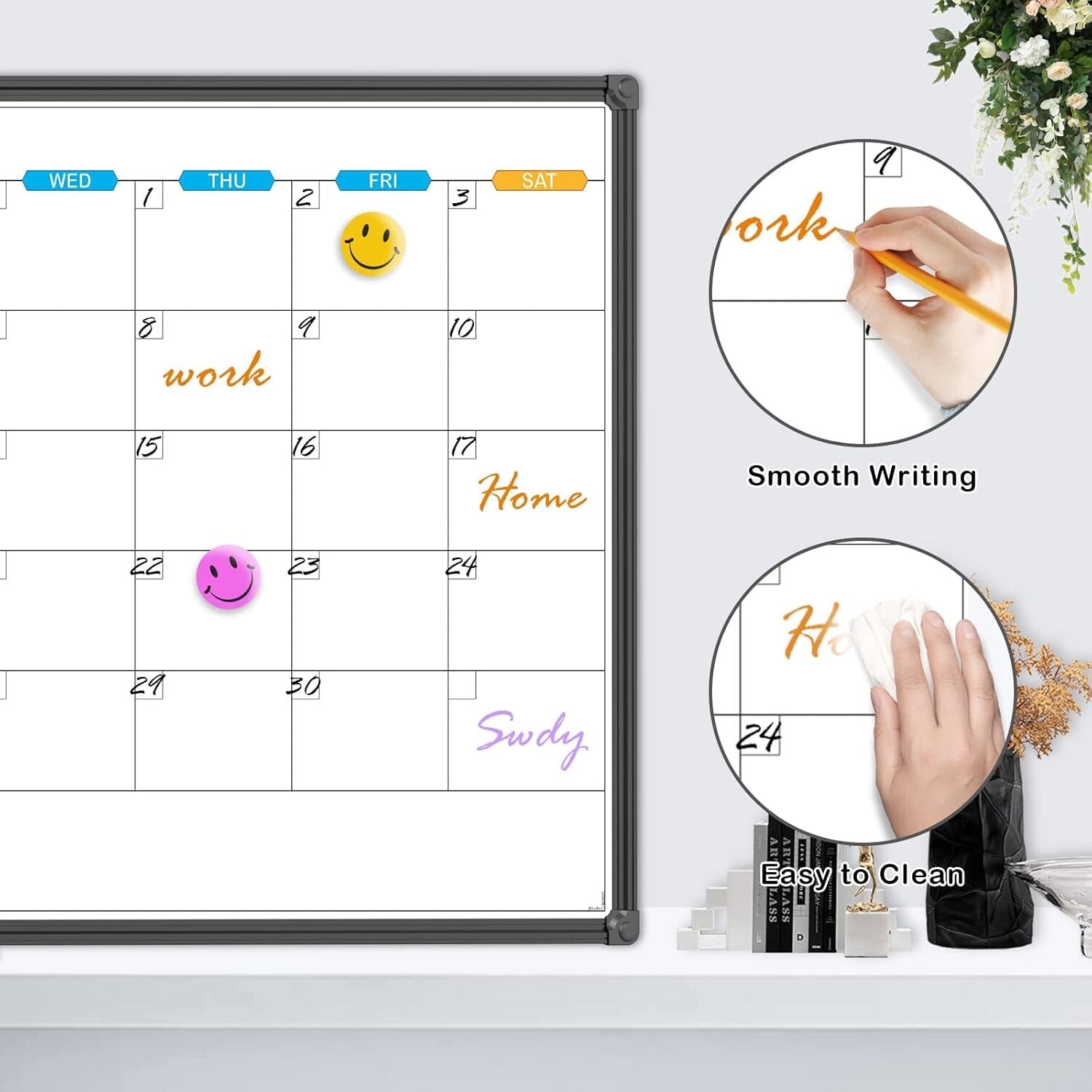 Elegant 36x24 Magnetic Whiteboard Calendar - Scratch-Resistant Aluminum Frame