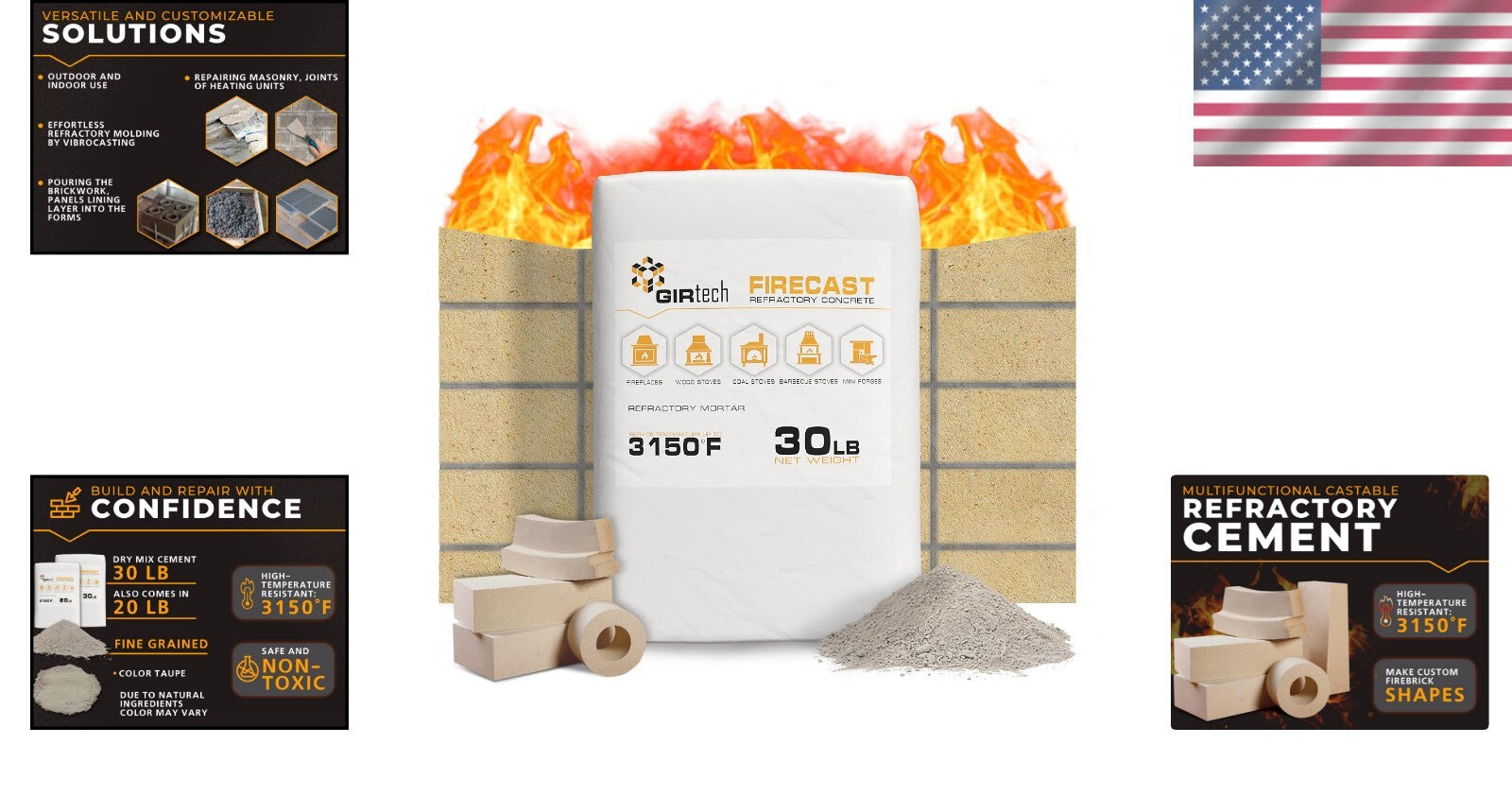 Fireproof 30 lbs Castable Cement Mix - 3110°F Thermal Insulation for Fireplaces