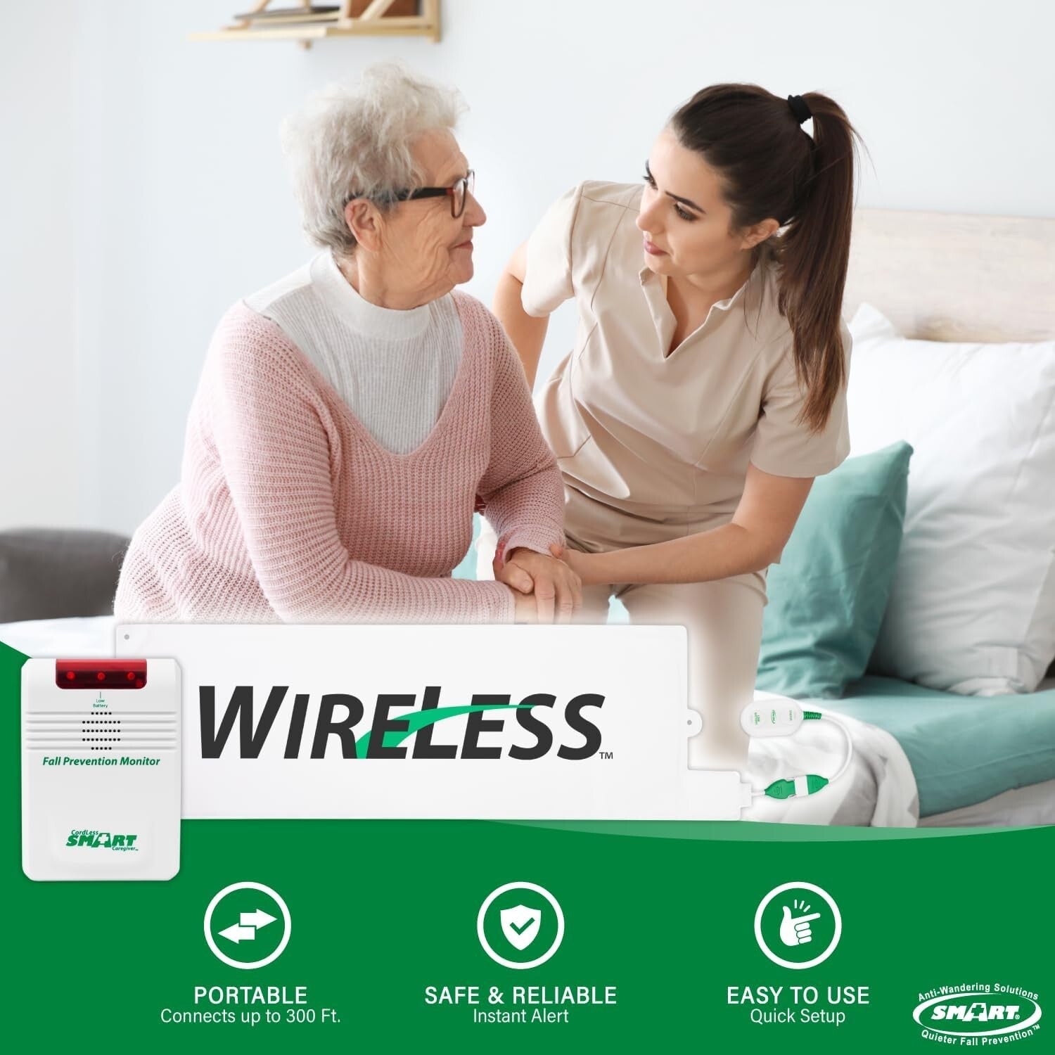 Smart Caregiver Wireless Bed Alarm System - 10x30” Safety Pad with Monitor