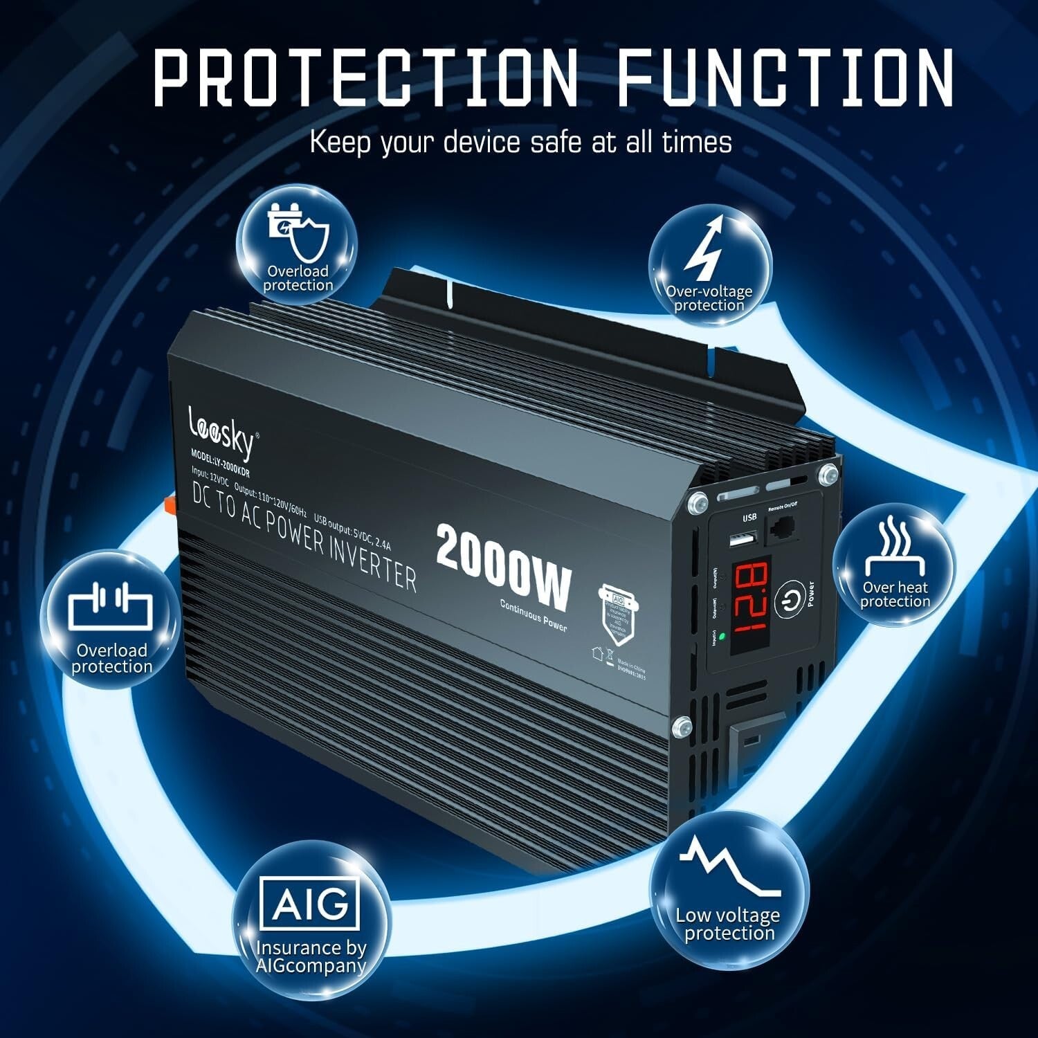 Versatile 2000W Inverter for Car, RV, and Off-Grid Use - Remote & USB Port