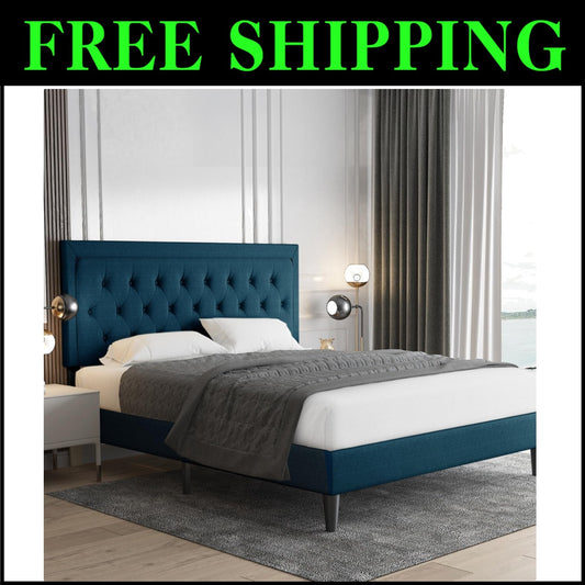 Stylish Full Size Platform Bed with Wood Slat Support and Adjustable Headboard
