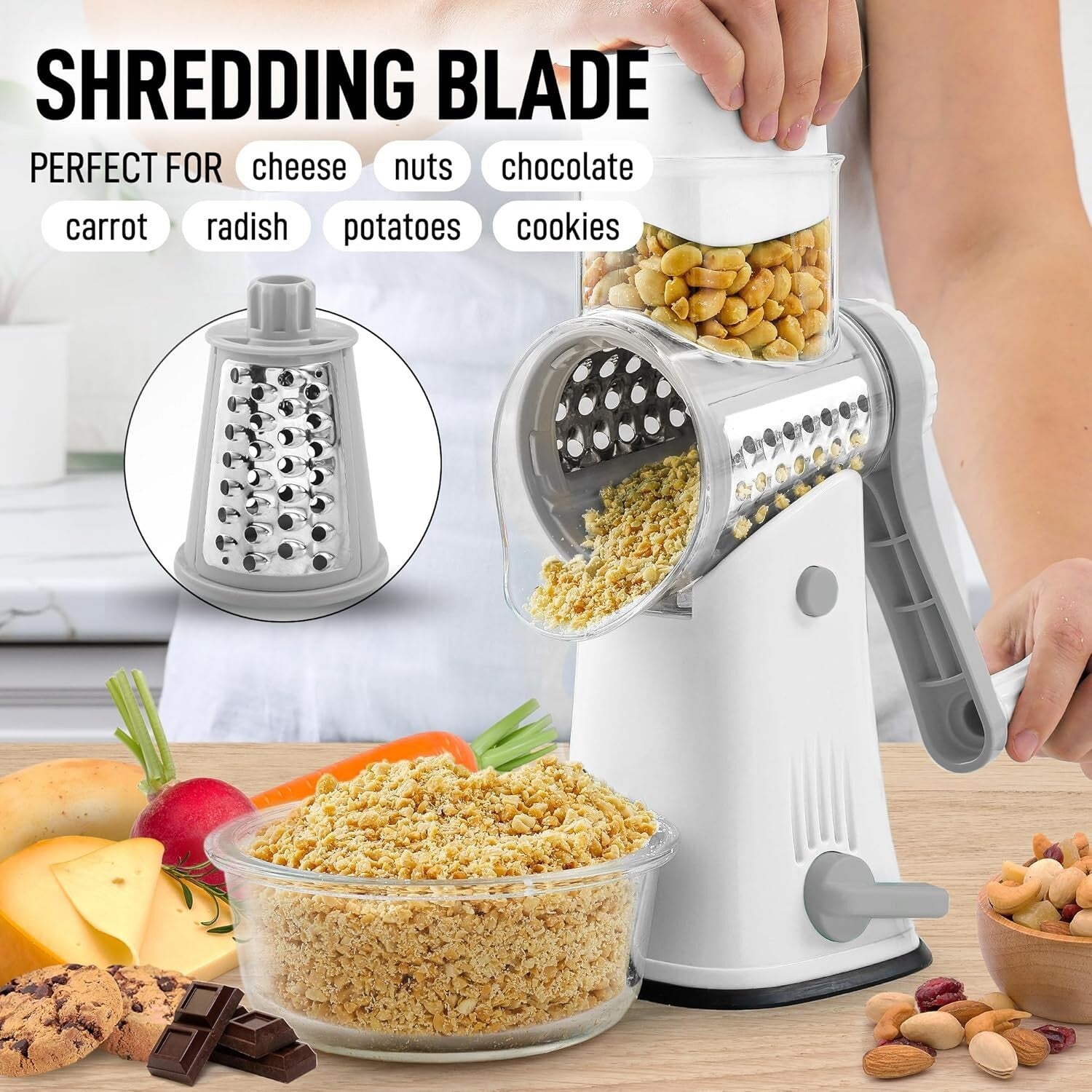 Safe & Efficient Manual Cheese Shredder with Reinforced Suction Base - 5 Blades