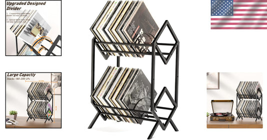 Stylish 2-Tier Vinyl Record Storage Rack for 200 Albums - Matte Black Finish