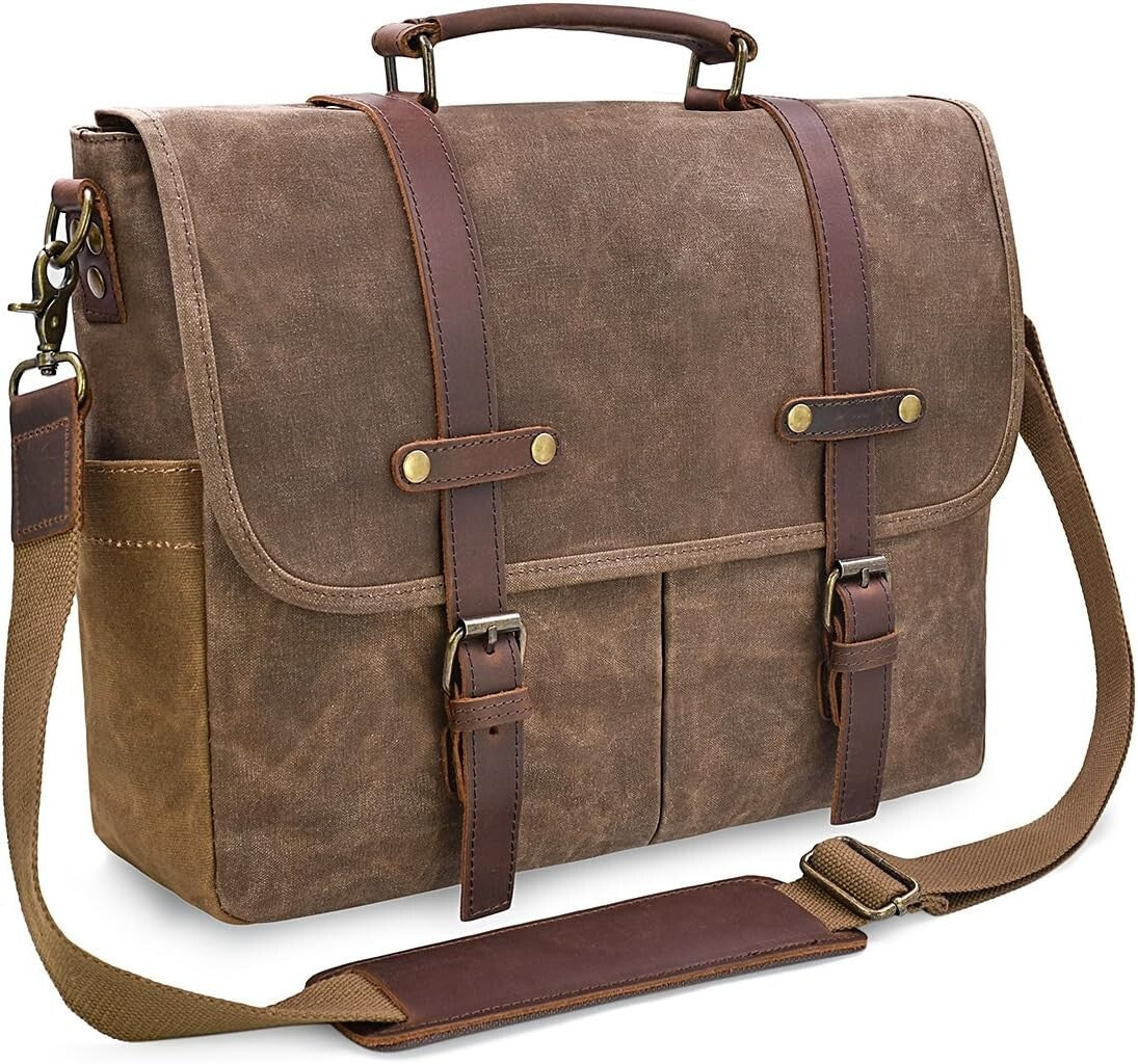 Classic Brown Leather & Canvas Messenger Bag for Work and Travel - 15.6'' Fit