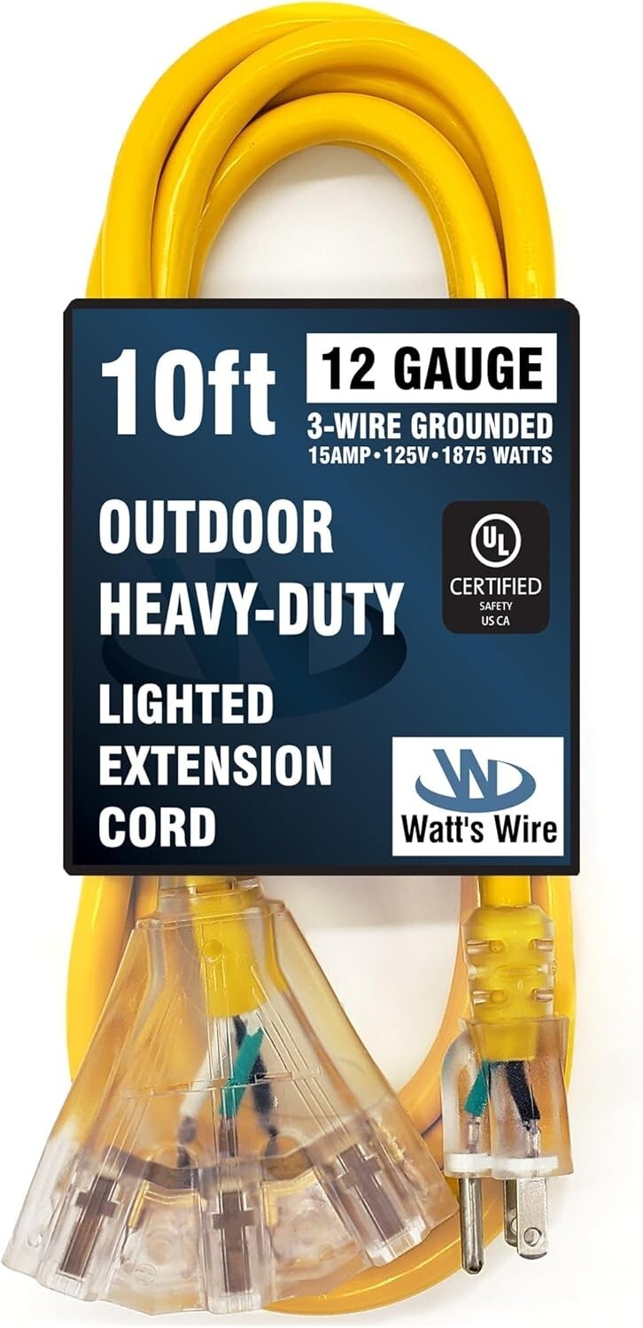 10 ft Yellow 12-Gauge Heavy Duty Extension Cord - Ideal for Tools & Appliances