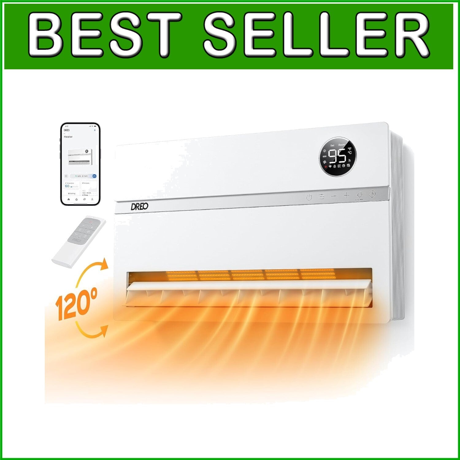 1500W Wall-Mounted Heater with 120° Oscillation & Adjustable Thermostat - WH719S