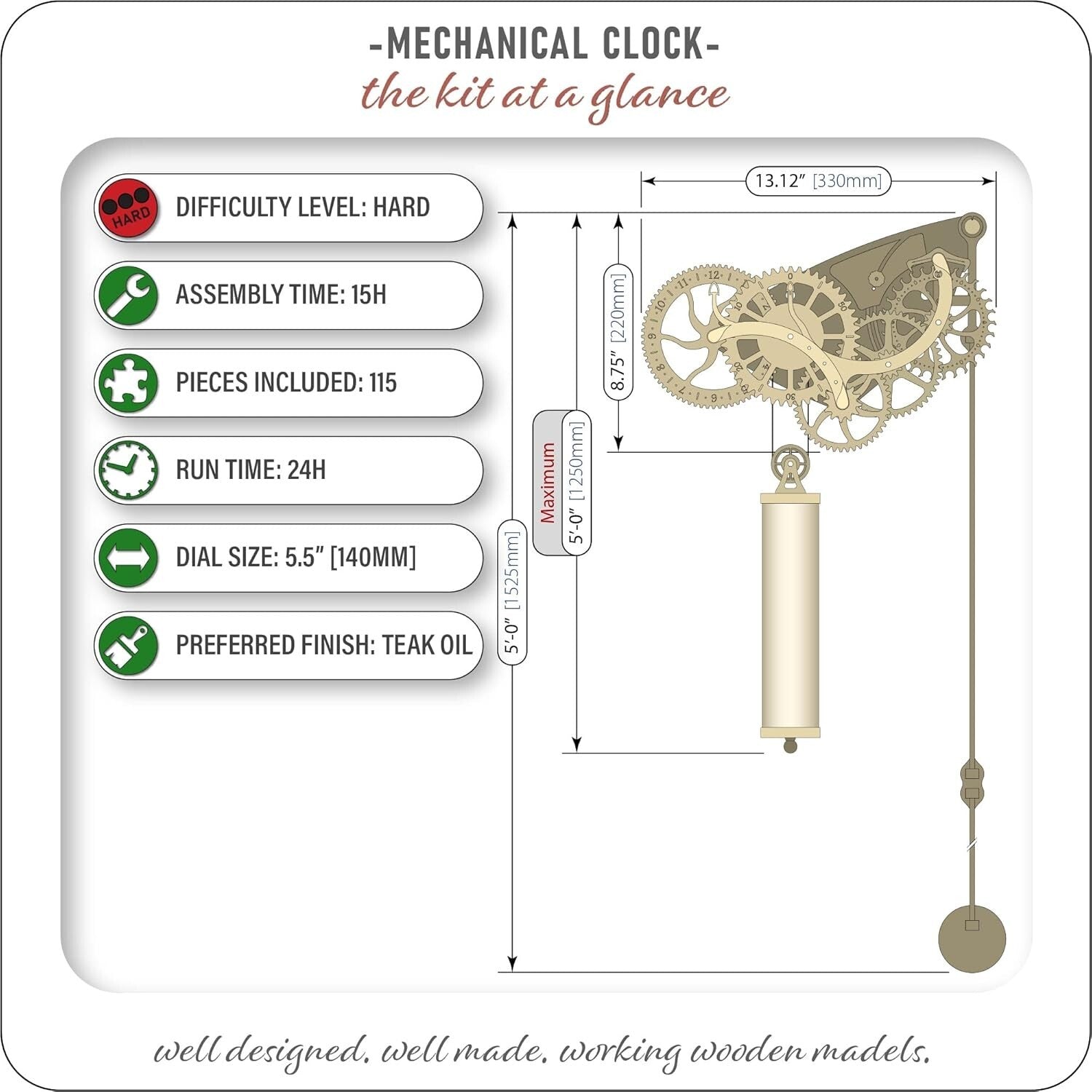 Intricate Laser-Cut Wooden Clock Model with Pendulum - DIY Experience