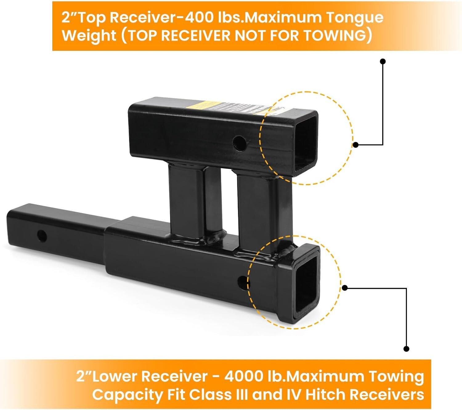 4000lbs Dual Hitch Extension - 2 Inch Receiver Adapter with Adjustable Rise/Drop