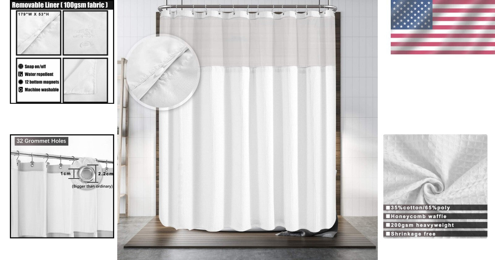 180" x 70" Waffle Weave Shower Curtain with Mesh Window & Detachable Liner