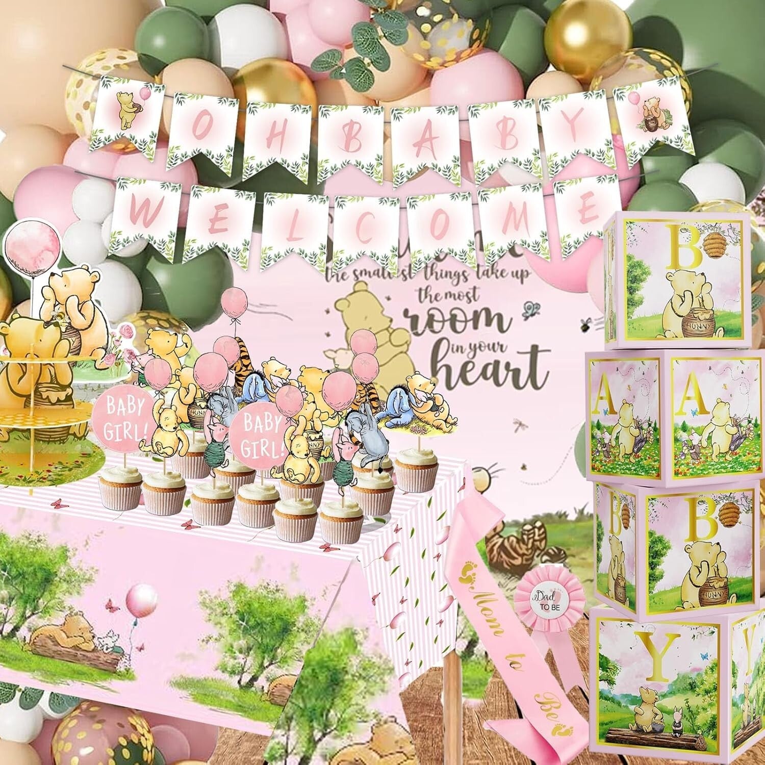 Classic Winnie Pooh Baby Shower Decorations in Pink – Complete 158-Piece Set