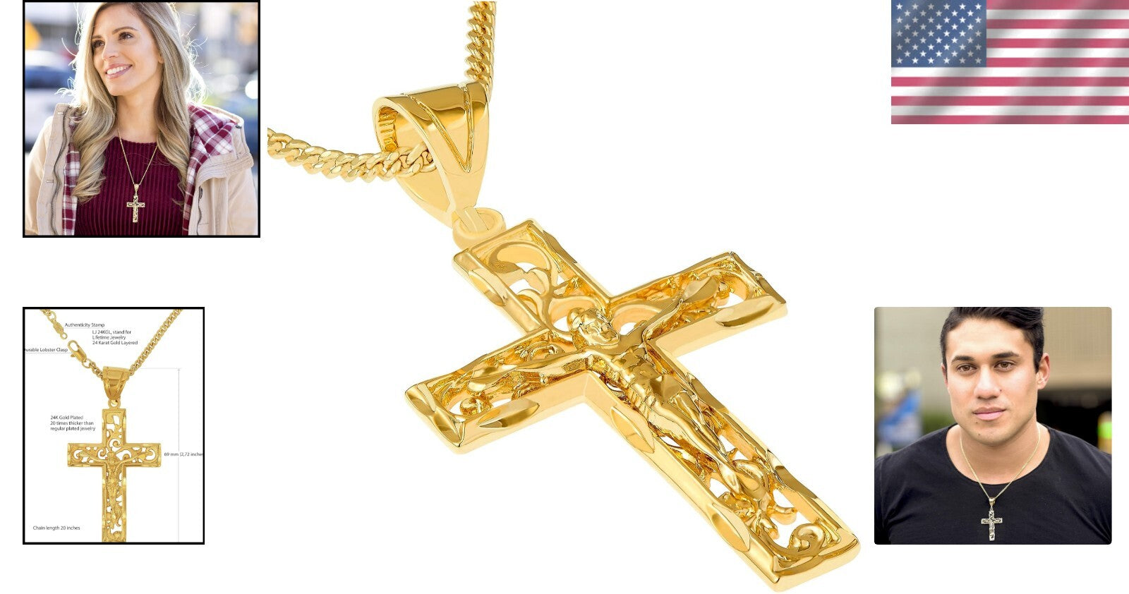 Elegant 24K Gold Plated Filigree Cross Necklace for Men & Women - Made in USA