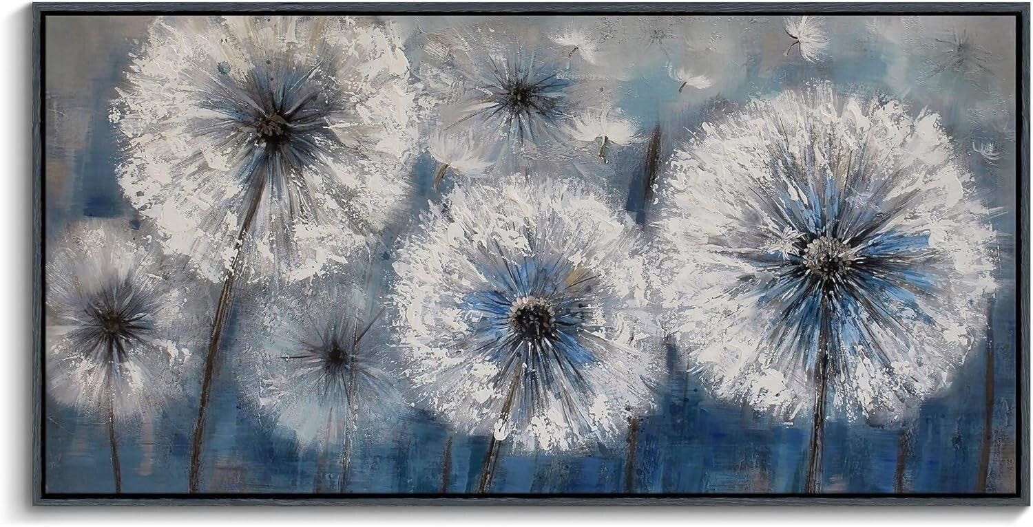 Dandelion Wall Art - Blue Canvas Painting, Framed Elegance for Living Spaces