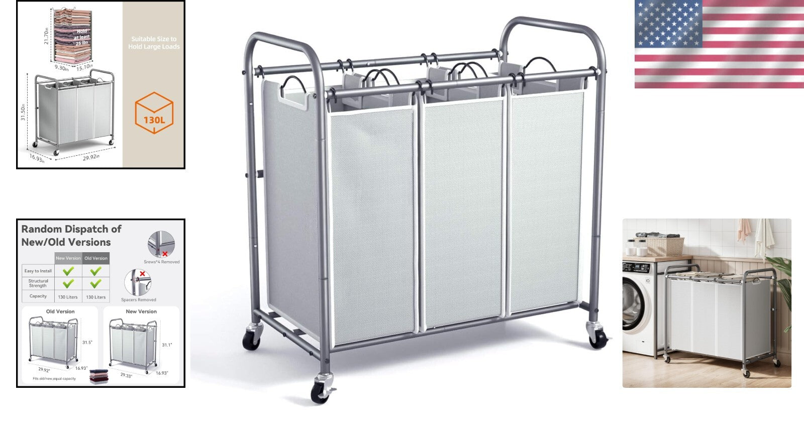 Gray Laundry Hamper on Wheels - 3 Compartments & Removable Bags for Easy Sorting