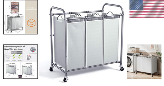 Gray Laundry Hamper on Wheels - 3 Compartments & Removable Bags for Easy Sorting