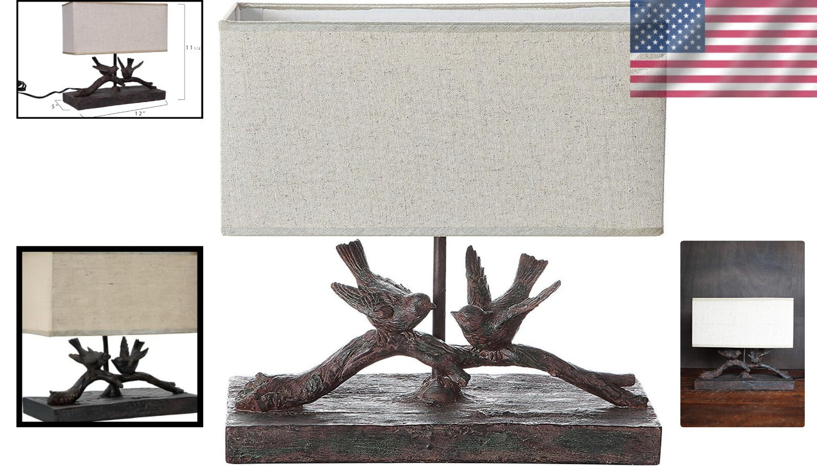 Elegant Rustic Bird Table Lamp with Antique Bronze Finish & White Shade