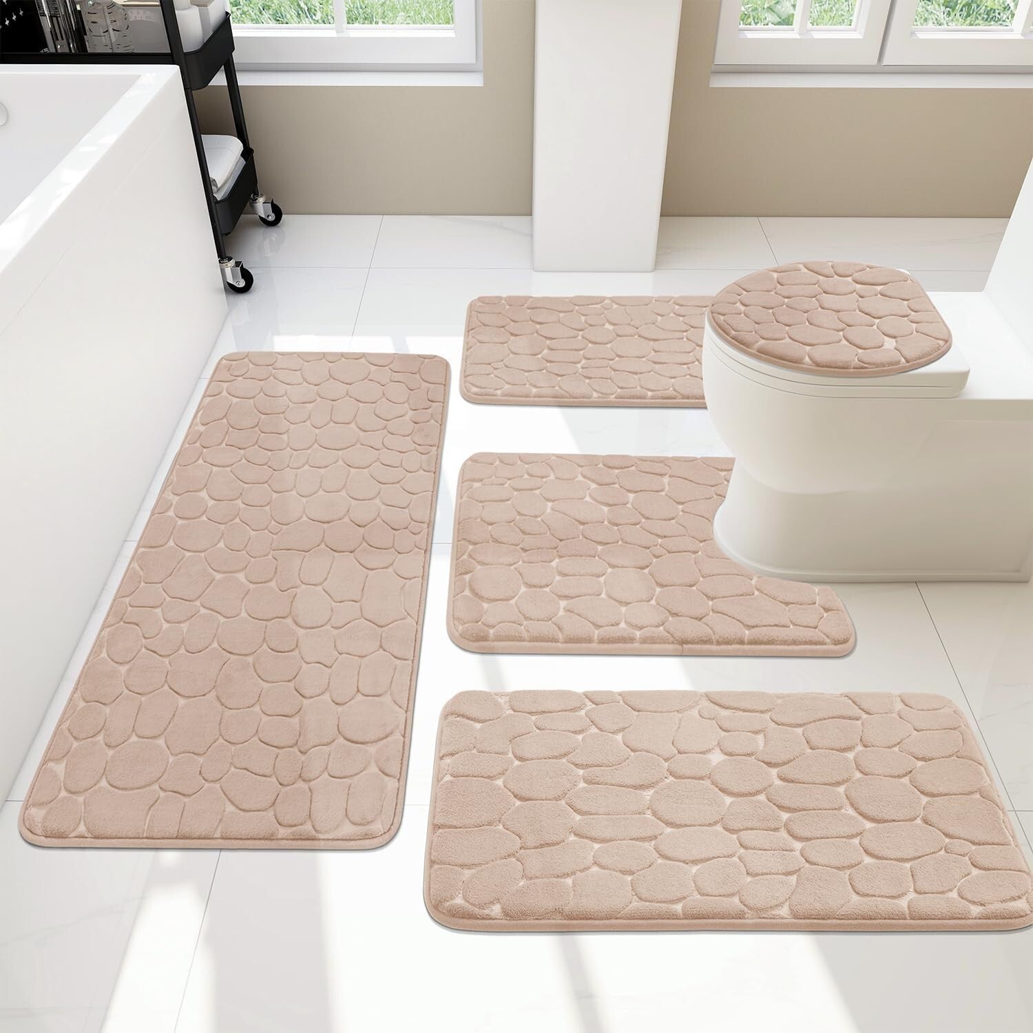 Luxurious Water-Absorbent Bath Rug Set - 5-Piece Memory Foam Khaki Collection