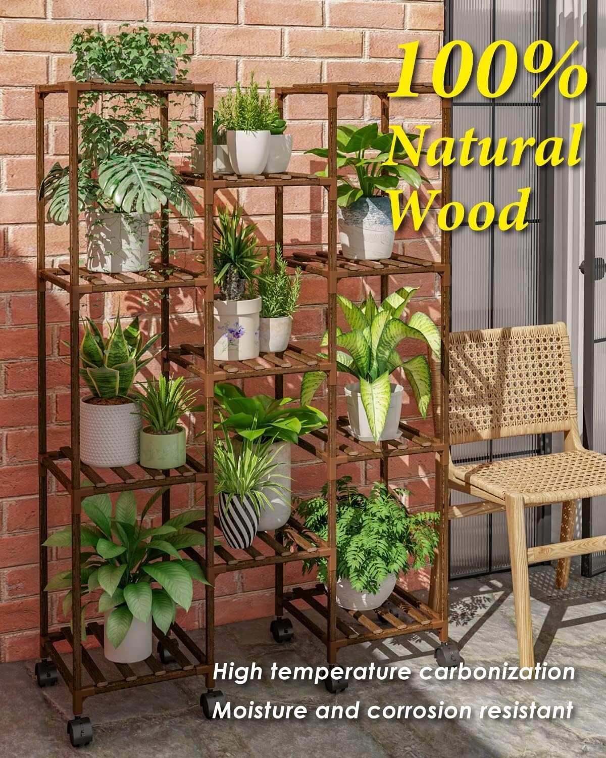 Carbonized Wood Plant Stand with Wheels - Holds 11-25 Pots for Versatile Display