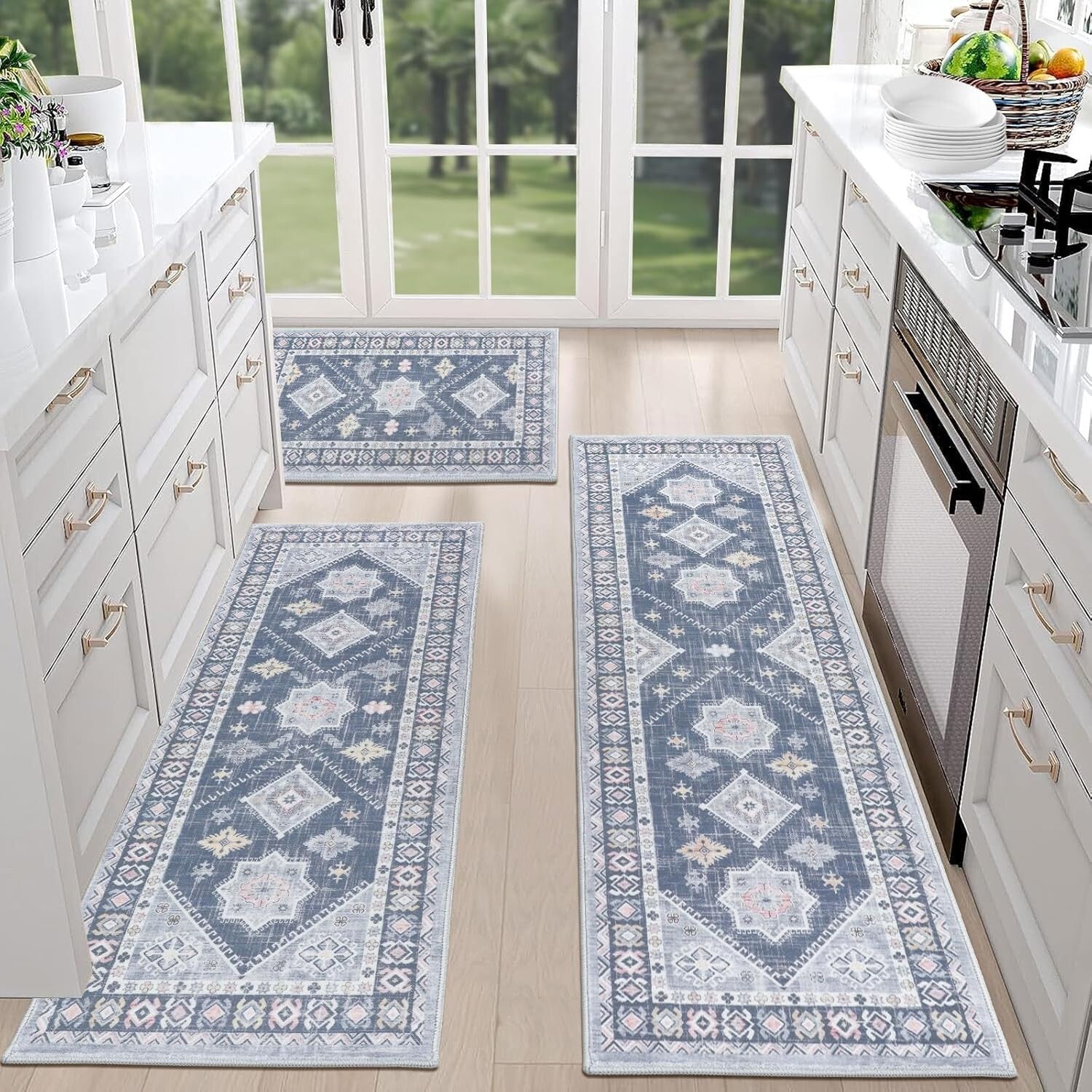 Durable Floral Kitchen Rug Set - 3-Piece with Machine Washable Runner for Safety