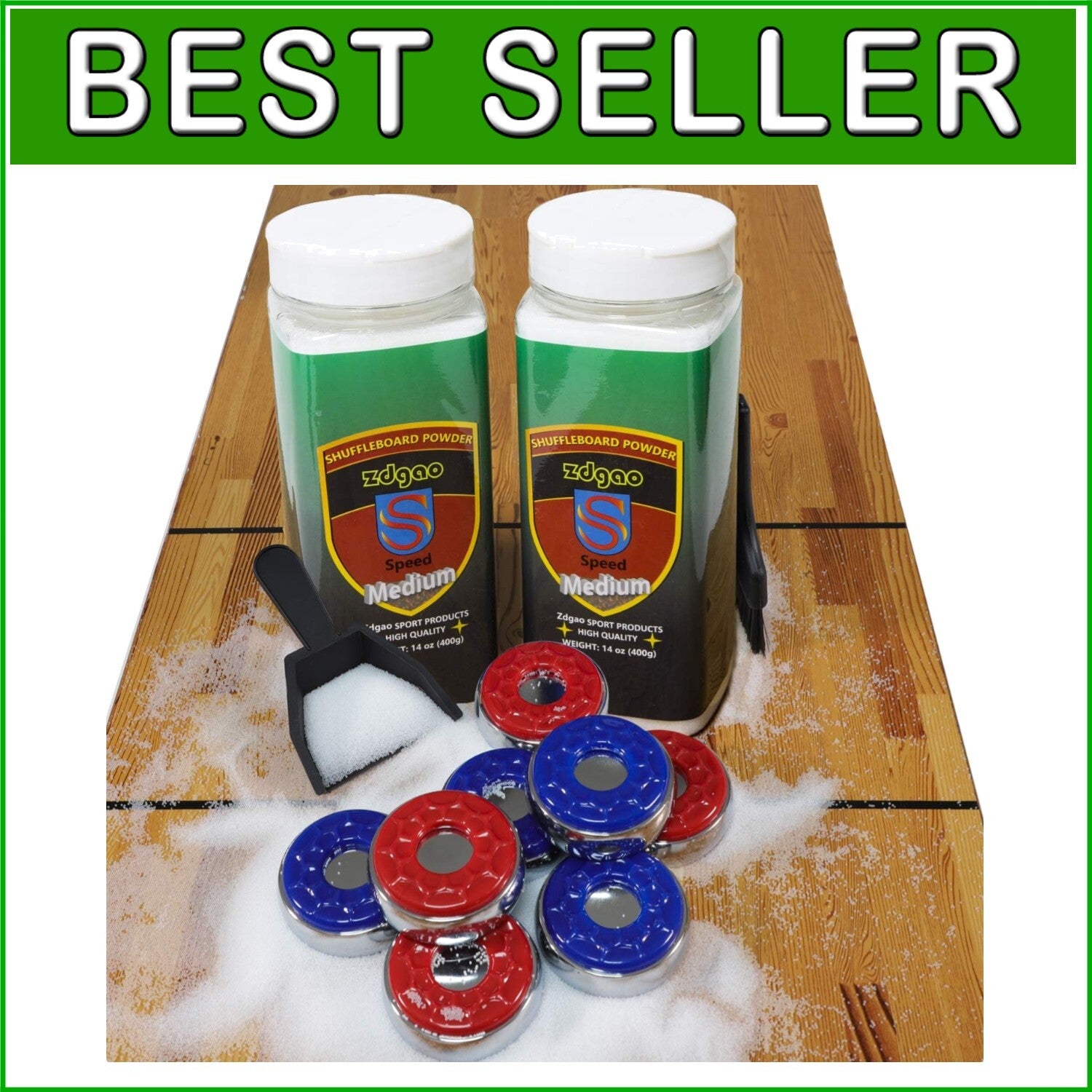 Complete Shuffleboard Accessories Bundle: 8 Pucks, Wax & Mini Brush Set