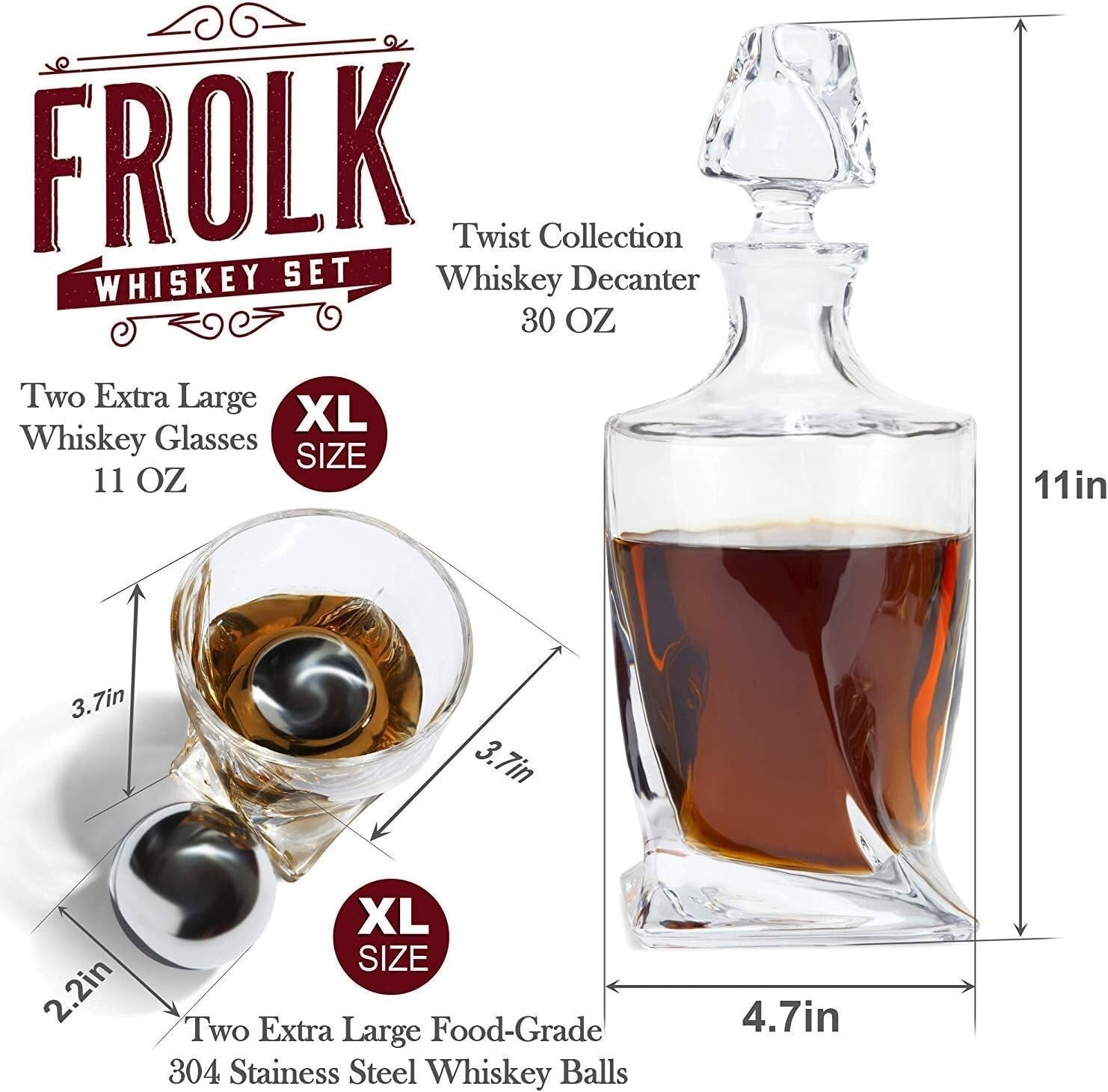 Luxurious Whiskey Decanter Set with Crystal Glasses & XL Stainless Steel Stones