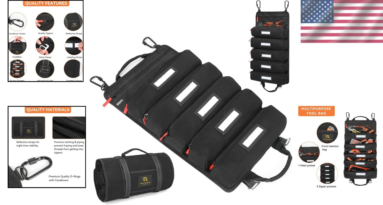 5-Pouch Tool Roll Organizer in Durable Canvas - Easy Transport & Storage