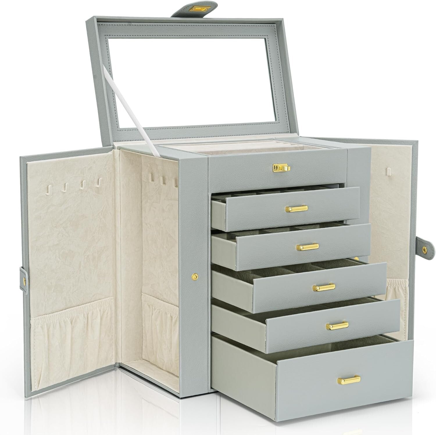 Elegant 5-Drawer Jewelry Organizer with Mirror - Dustproof Leather Storage