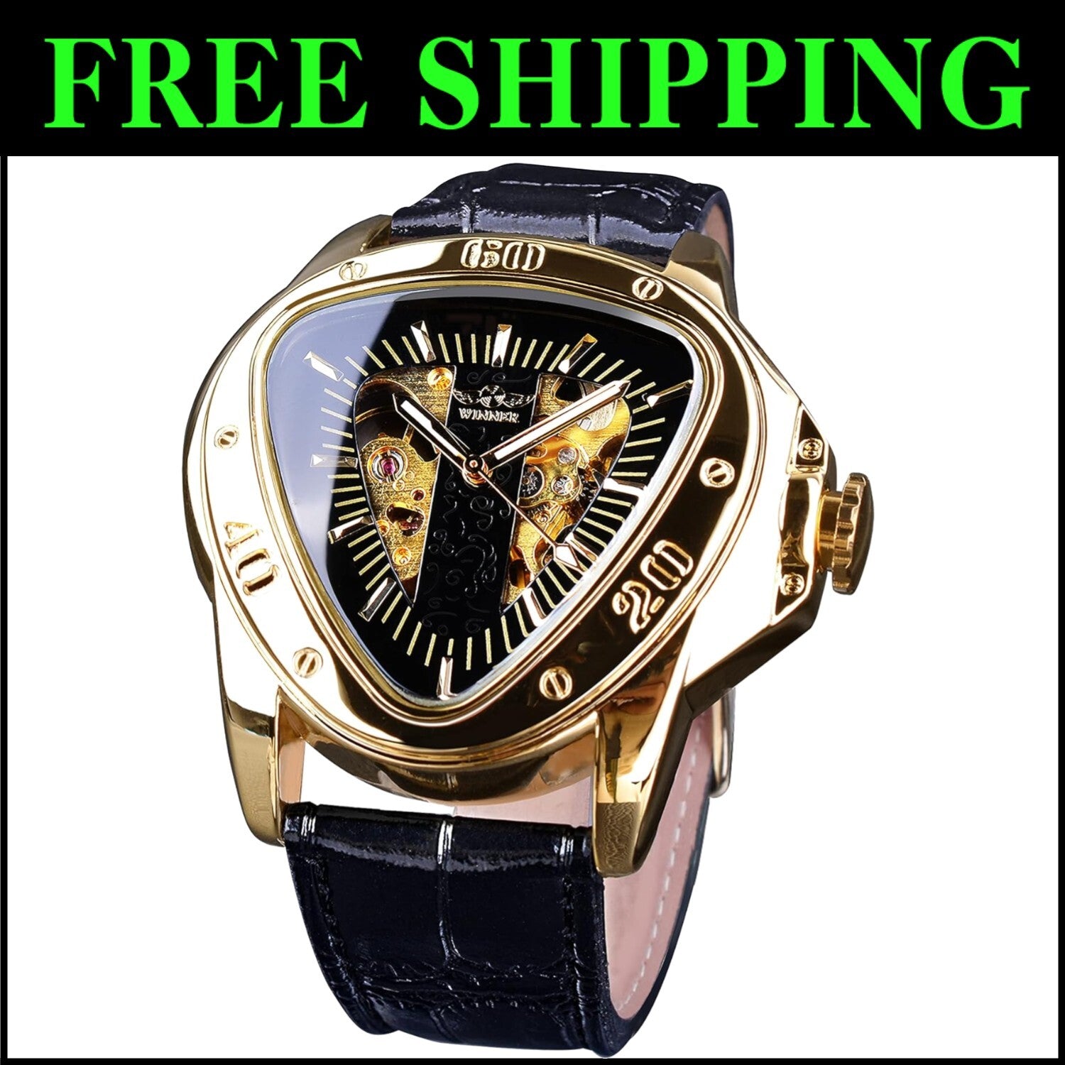 Elegant Mechanical Men's Watch with Pyramid Dial and Leather Strap Design