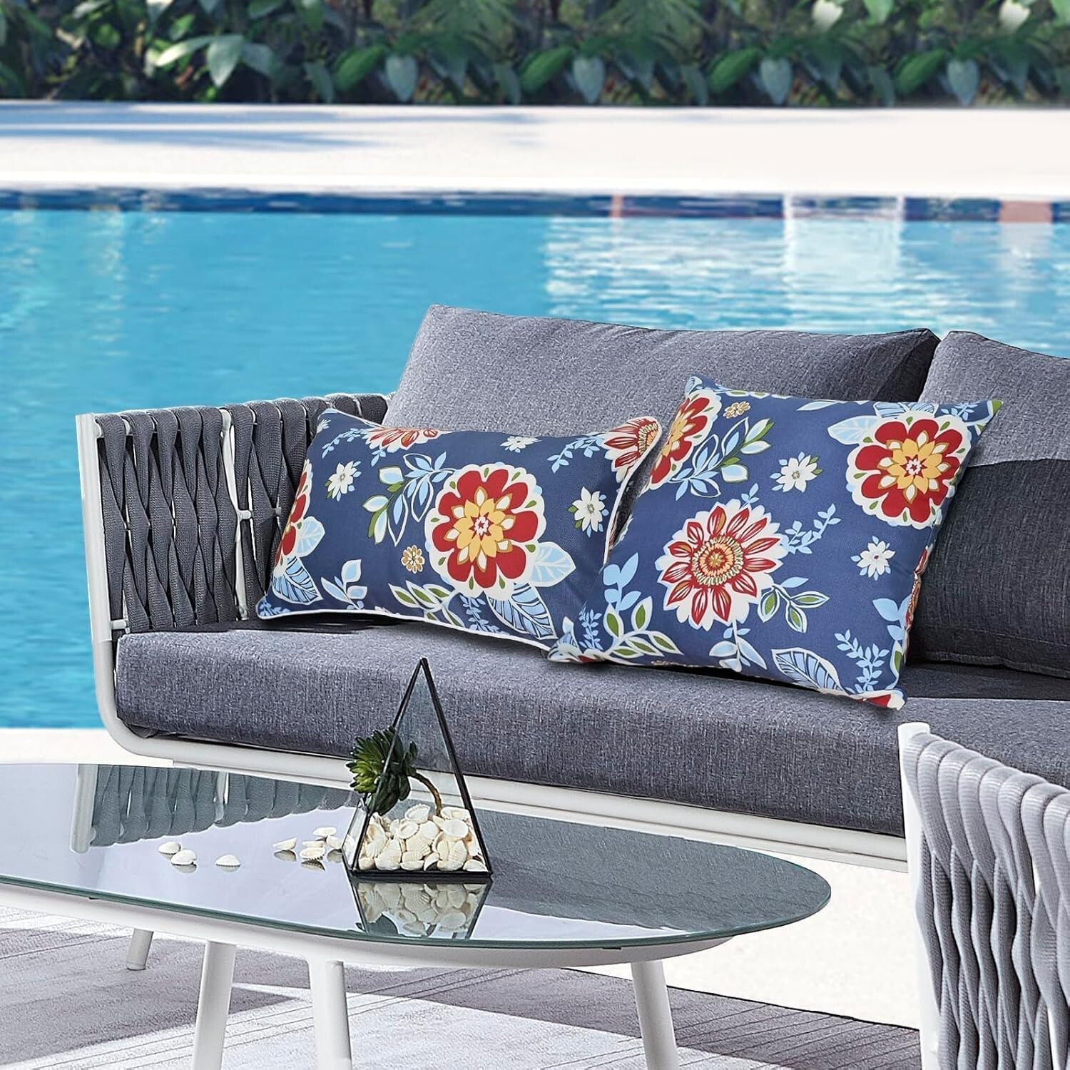 Decorative Outdoor Lumbar Pillows - Set of 2, 12x20 Inches, Big Blue Flower