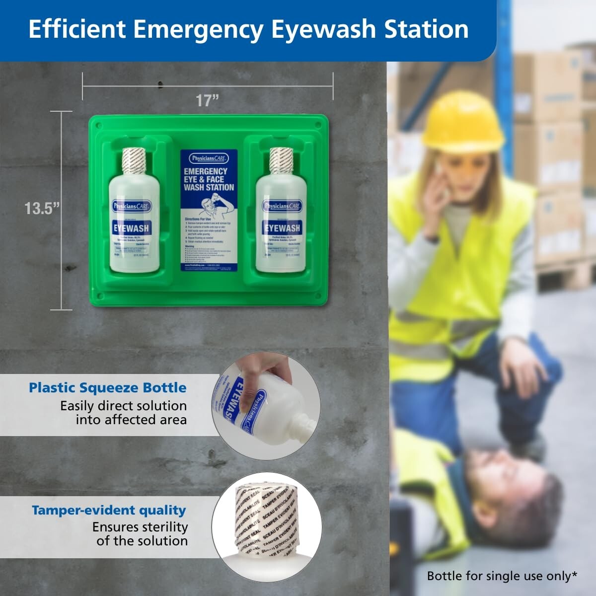 Compact Wall-Mount Eyewash Station with Sterile Eye Wash Solution 32 oz Duo