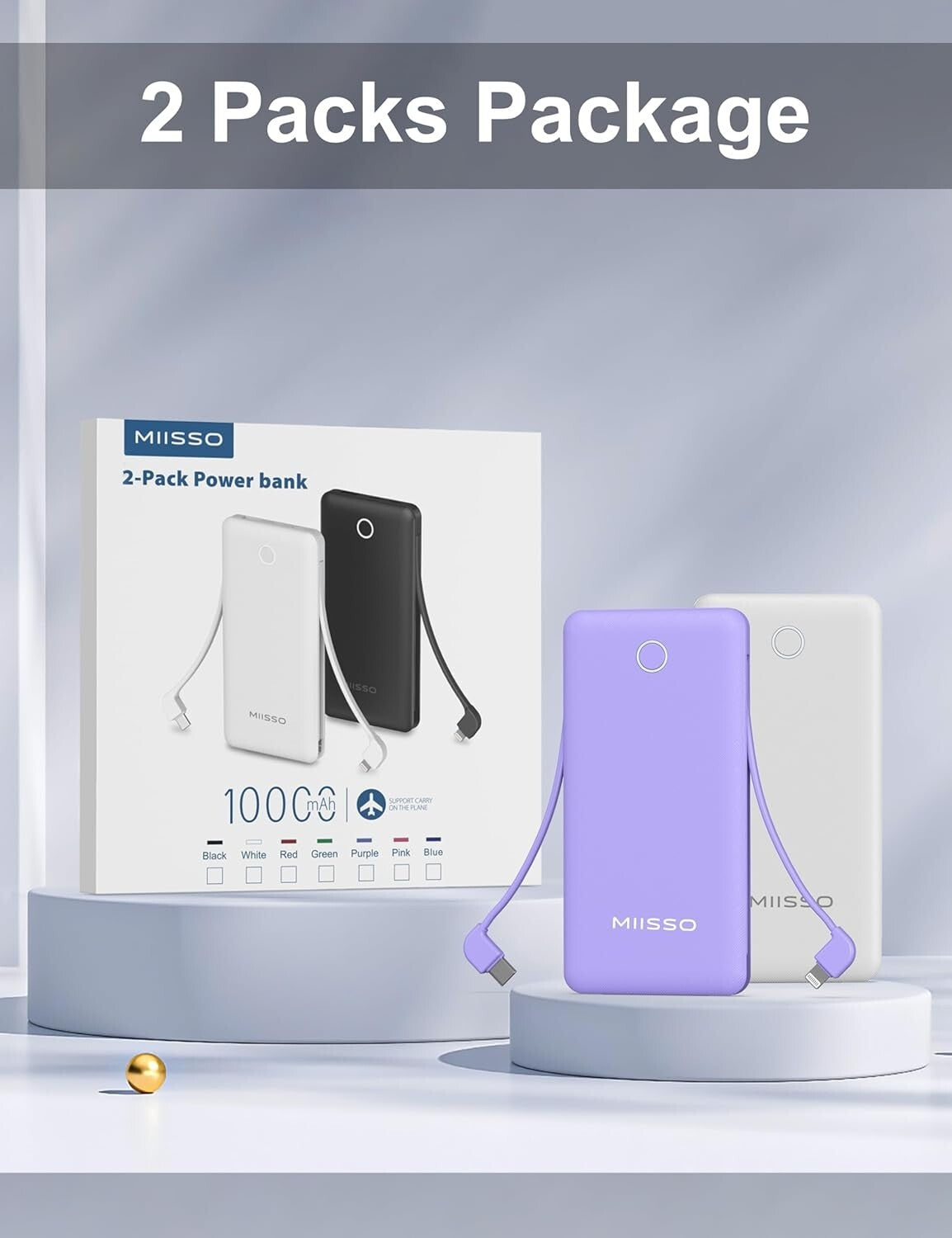 Dual-Pack 10000mAh Slim Power Bank with Built-in Cables, Travel Ready & Stylish