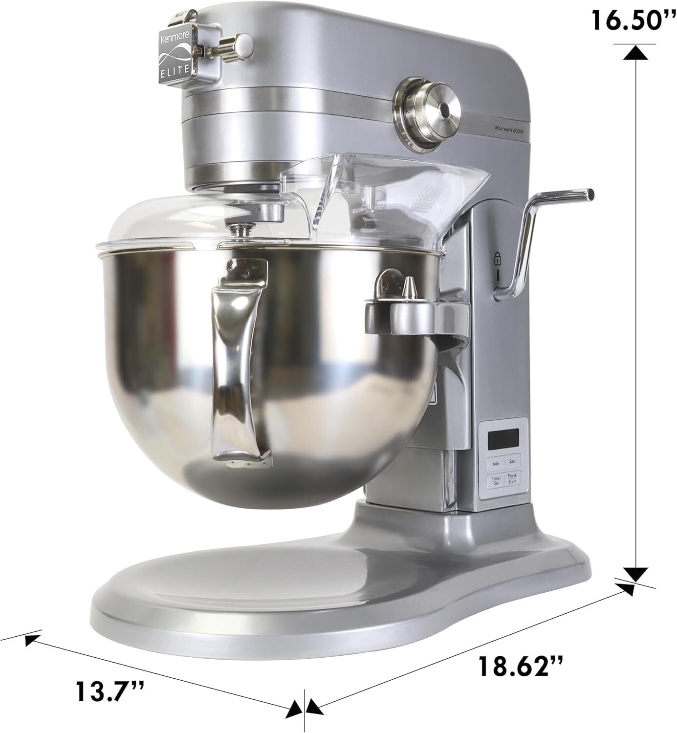 Elite 6 Qt Heavy-Duty Stand Mixer with 600W Power and LED Light - Metallic Grey