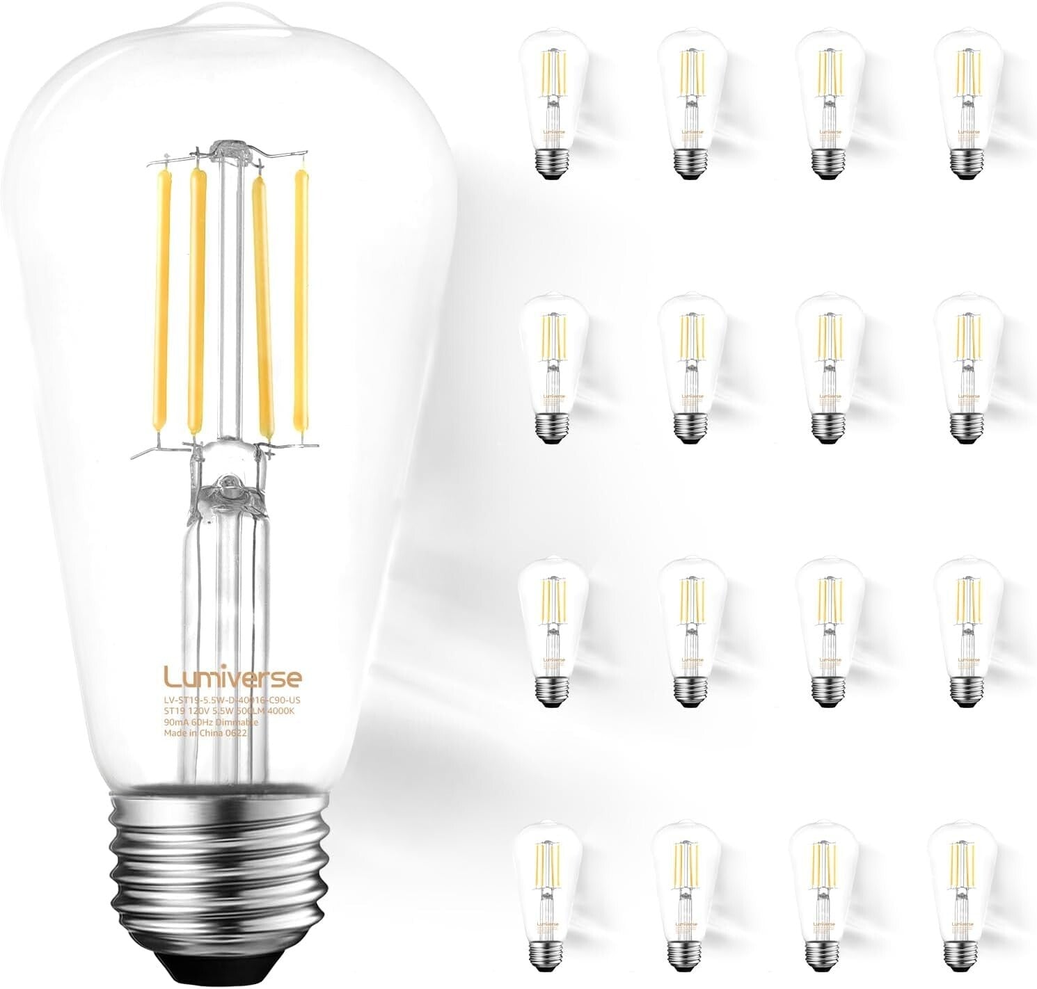 16 Pack Dimmable LED Edison Bulbs - 5.5W Cool White E26 Base for Elegant Spaces