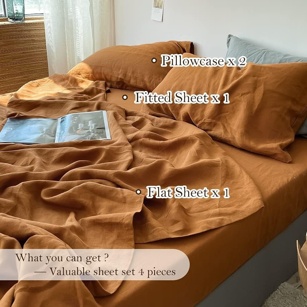 Elegant 4-Piece Rust Linen Bedding Set - King Size Pre-Washed Farmhouse Style