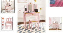 Load image into Gallery viewer, Elegant Kids Vanity Set with Pink Mirror and Stool - Perfect for Little Girls