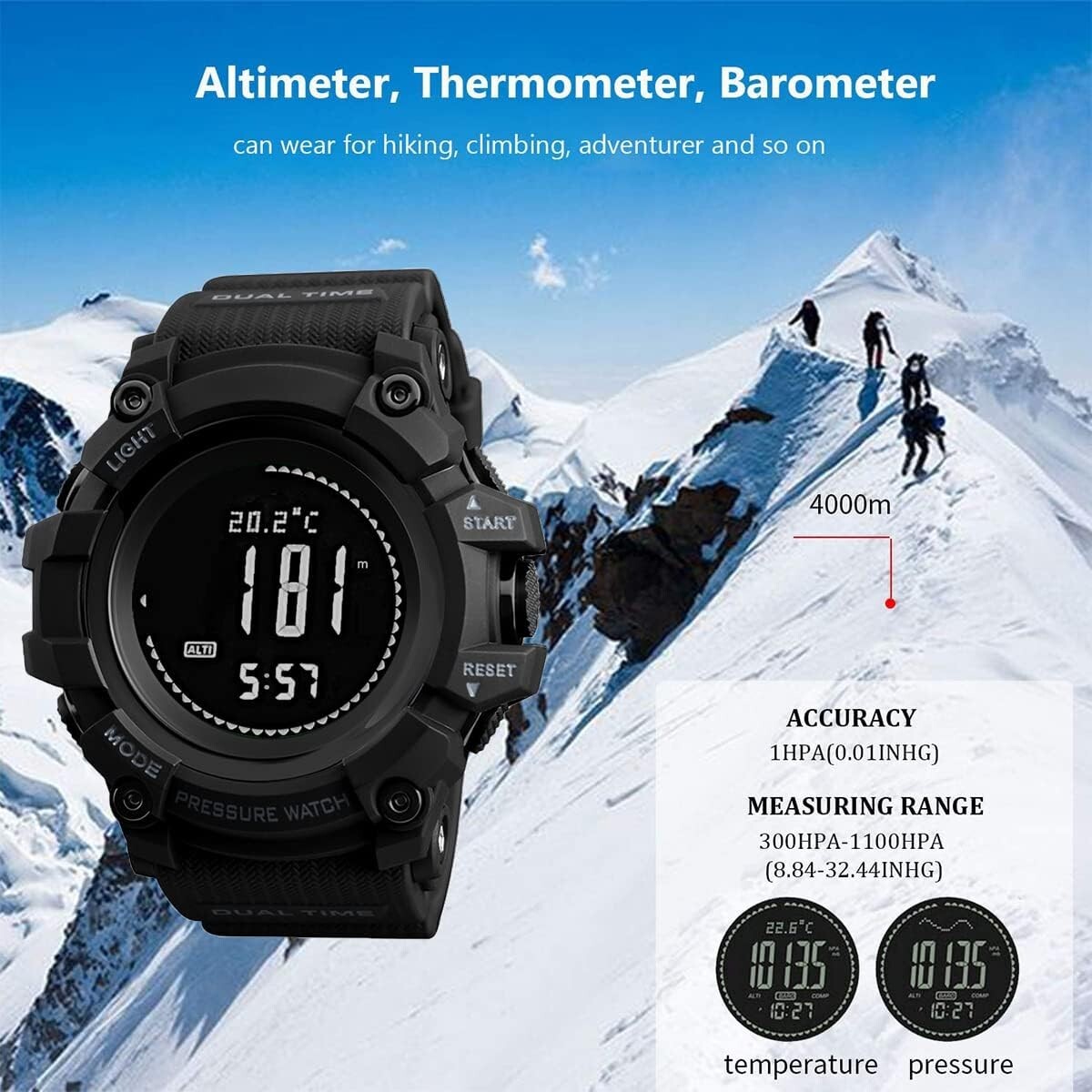 Men's Digital Altimeter Barometer Thermometer Watch - Waterproof & Lightweight