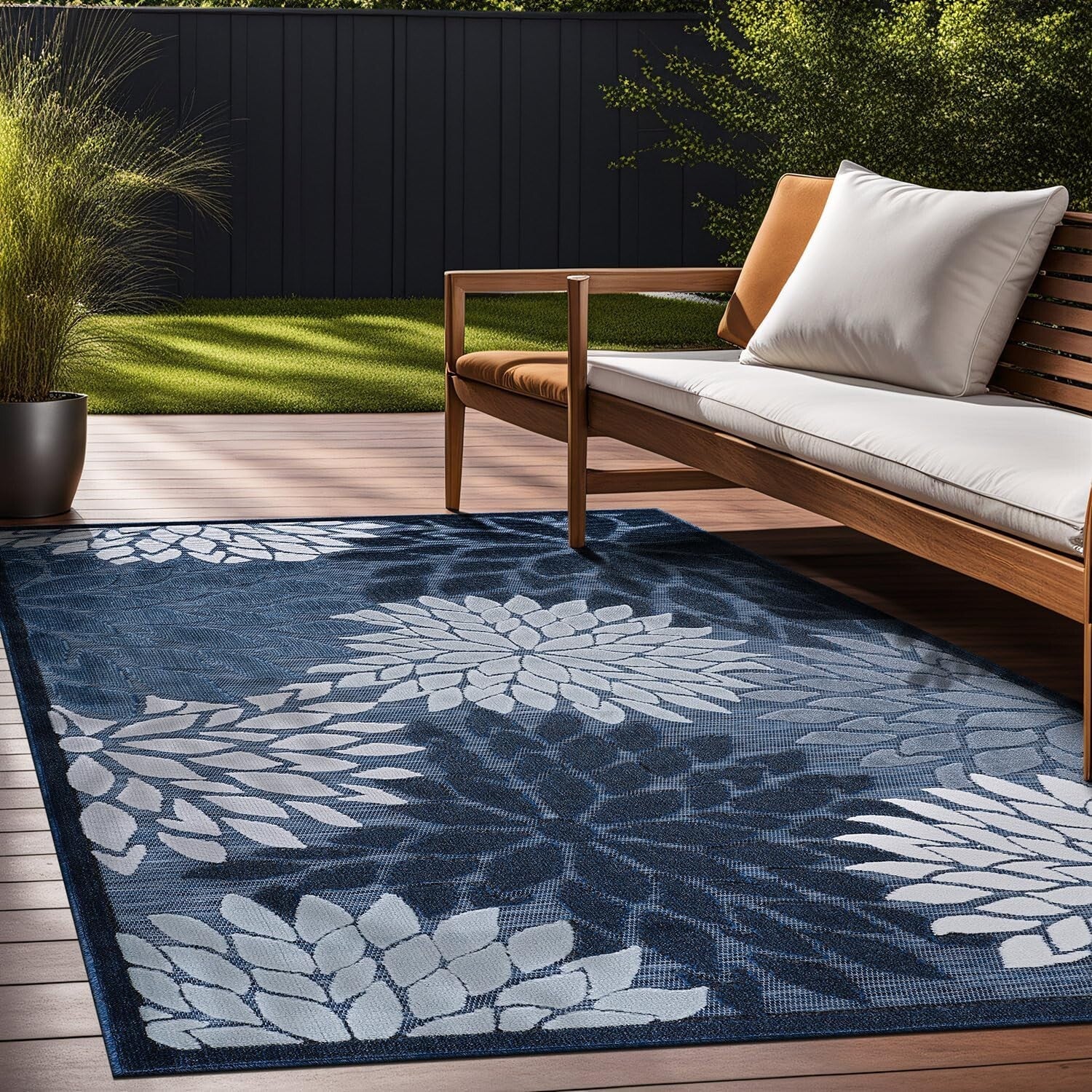 Stain Resistant Navy Blue Floral Area Rug 6x9 for Indoor & Outdoor Elegance