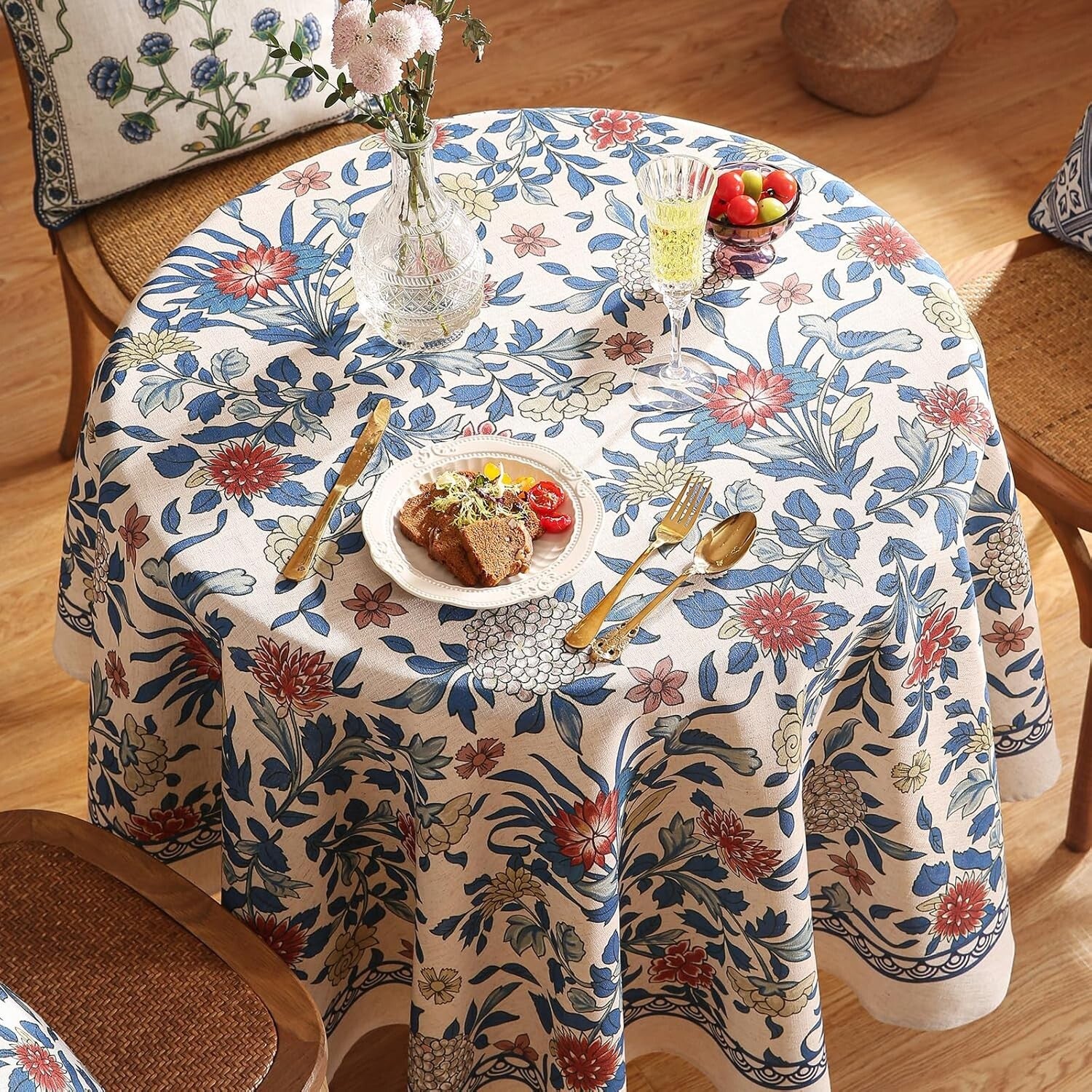 Designer Round Tablecloth with Leaves and Flowers Pattern - 55" All-Season Use
