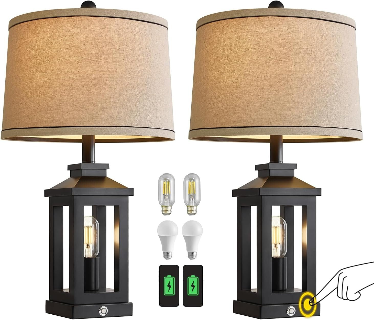 Elegant 23.75" Vintage Modern Table Lamps with Dimmable Touch Control - 2 Pack