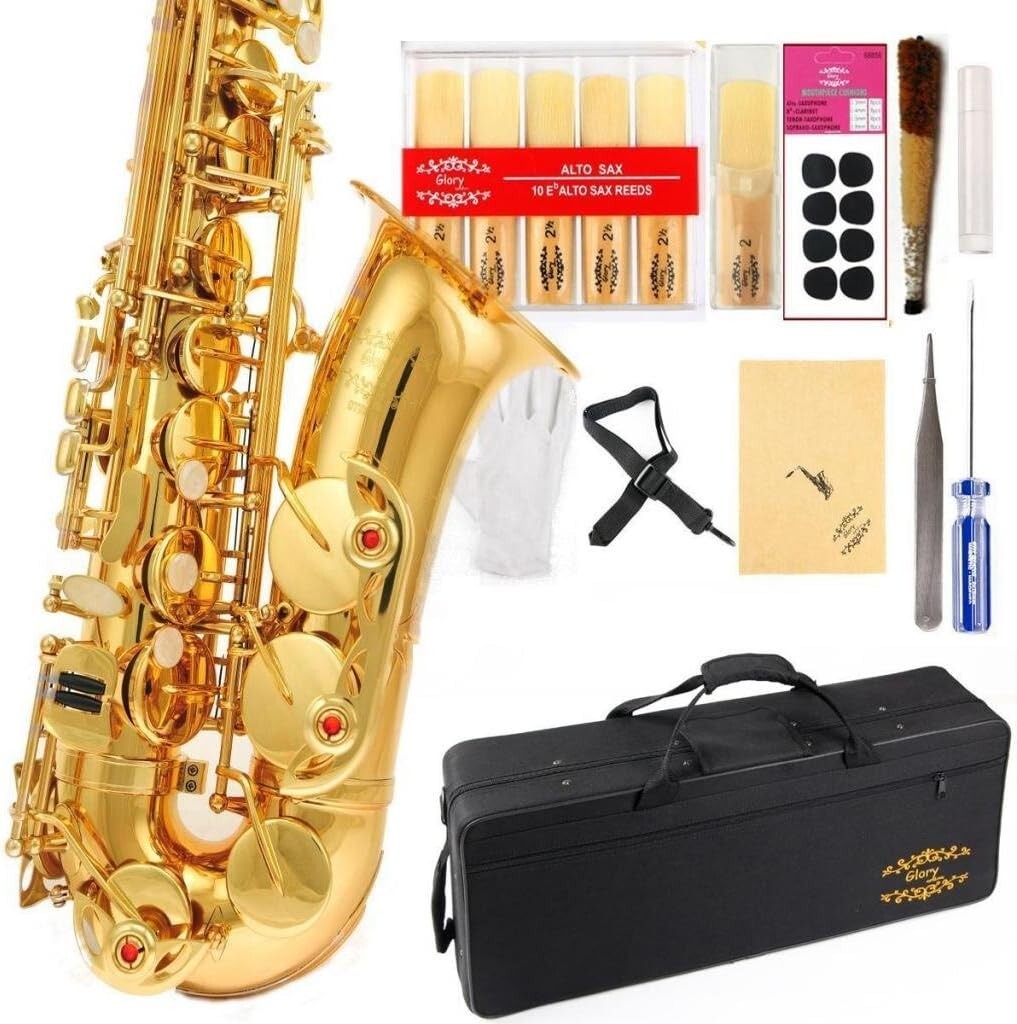 Gold Lacquer E Flat Alto Saxophone with 11 Reeds & Case – Perfect for All Levels