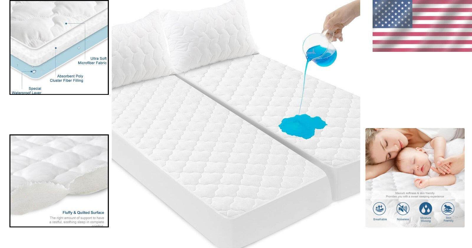 Breathable & Soft Split King Mattress Pad – Waterproof, Machine Washable Cover