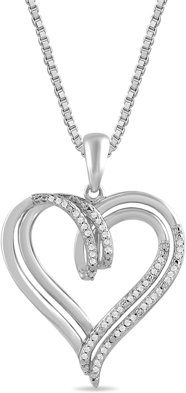 Elegant Sterling Silver Double Heart Pendant Necklace with 1/10 cttw Diamonds
