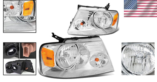 Durable Chrome Amber Headlights Pair for Ford F150/Mark LT - Plug and Play