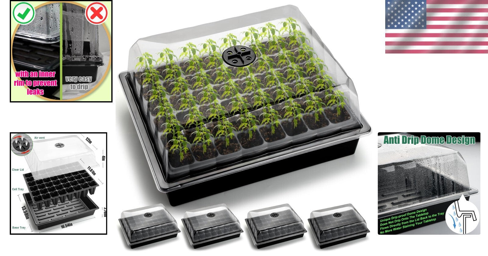 Heavy-Duty 5-Pack Seed Starter Trays with Leak-Proof Dome for Indoor/Outdoor Use