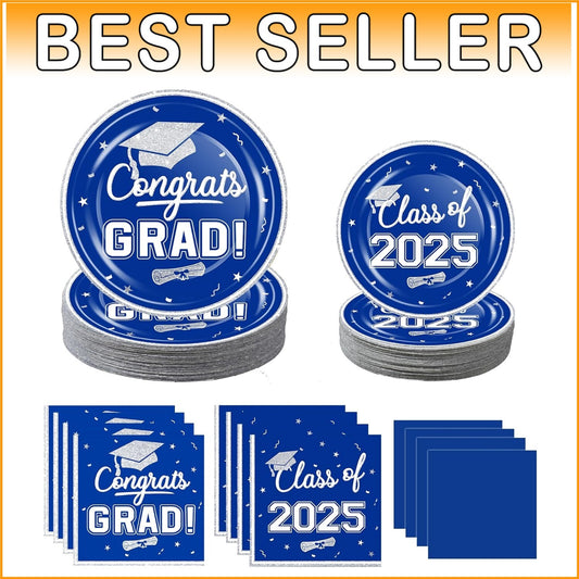 Elegant Blue White Graduation Party Set - 320-Piece Disposable Dinnerware for 80