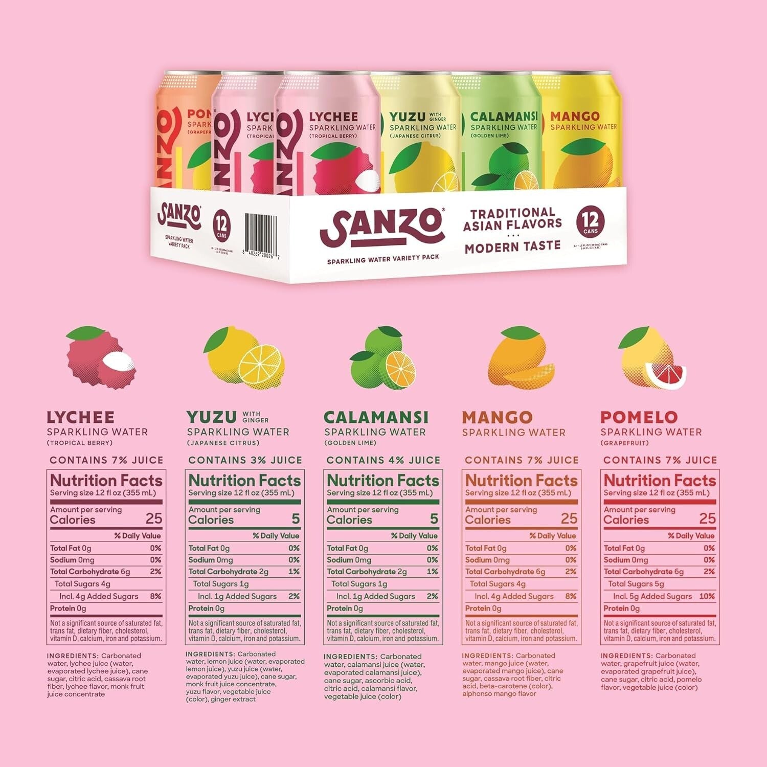 Asian-Inspired Flavored Sparkling Water Variety: 12oz Cans - Vegan & Low Sugar