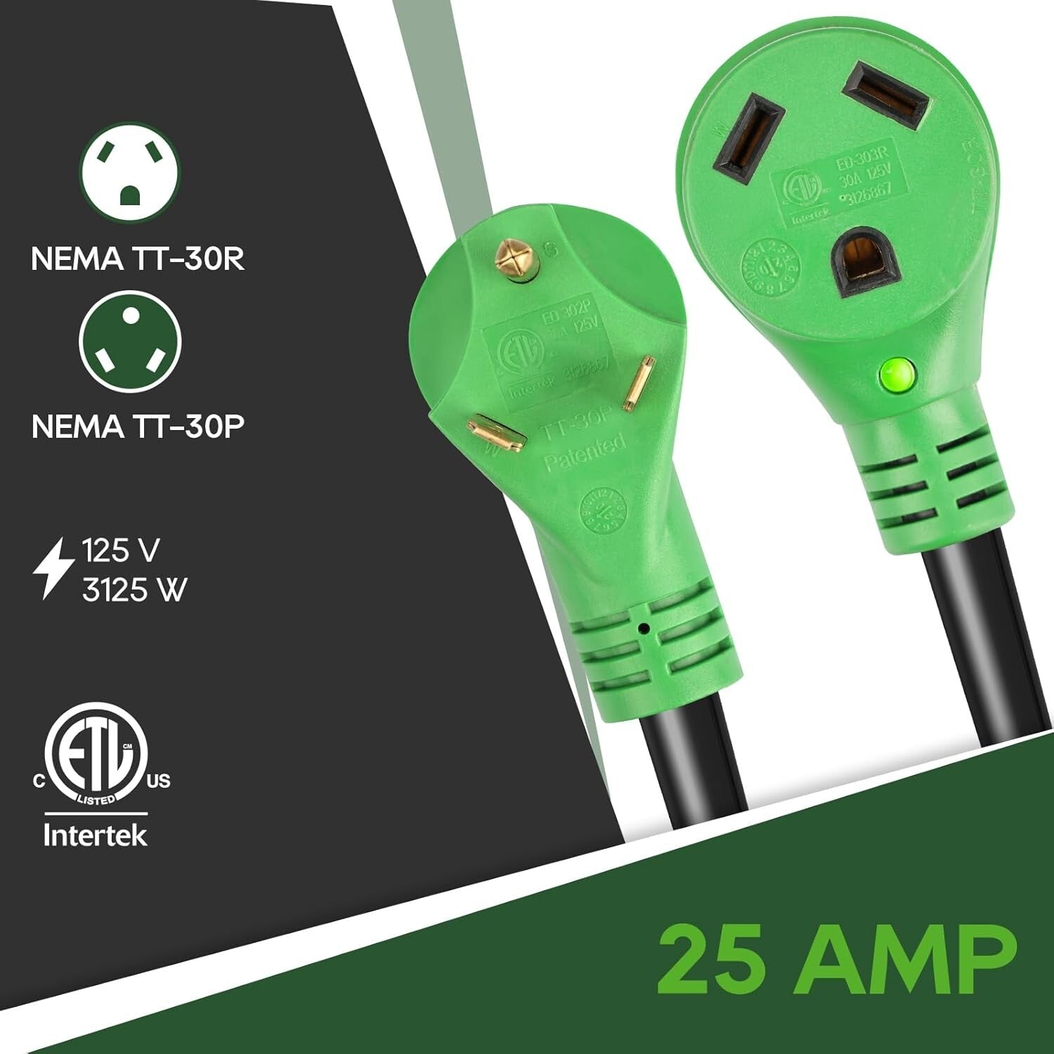 30 Amp 100 Ft RV Extension Cord with LED Indicator and Storage Bag - Heavy Duty