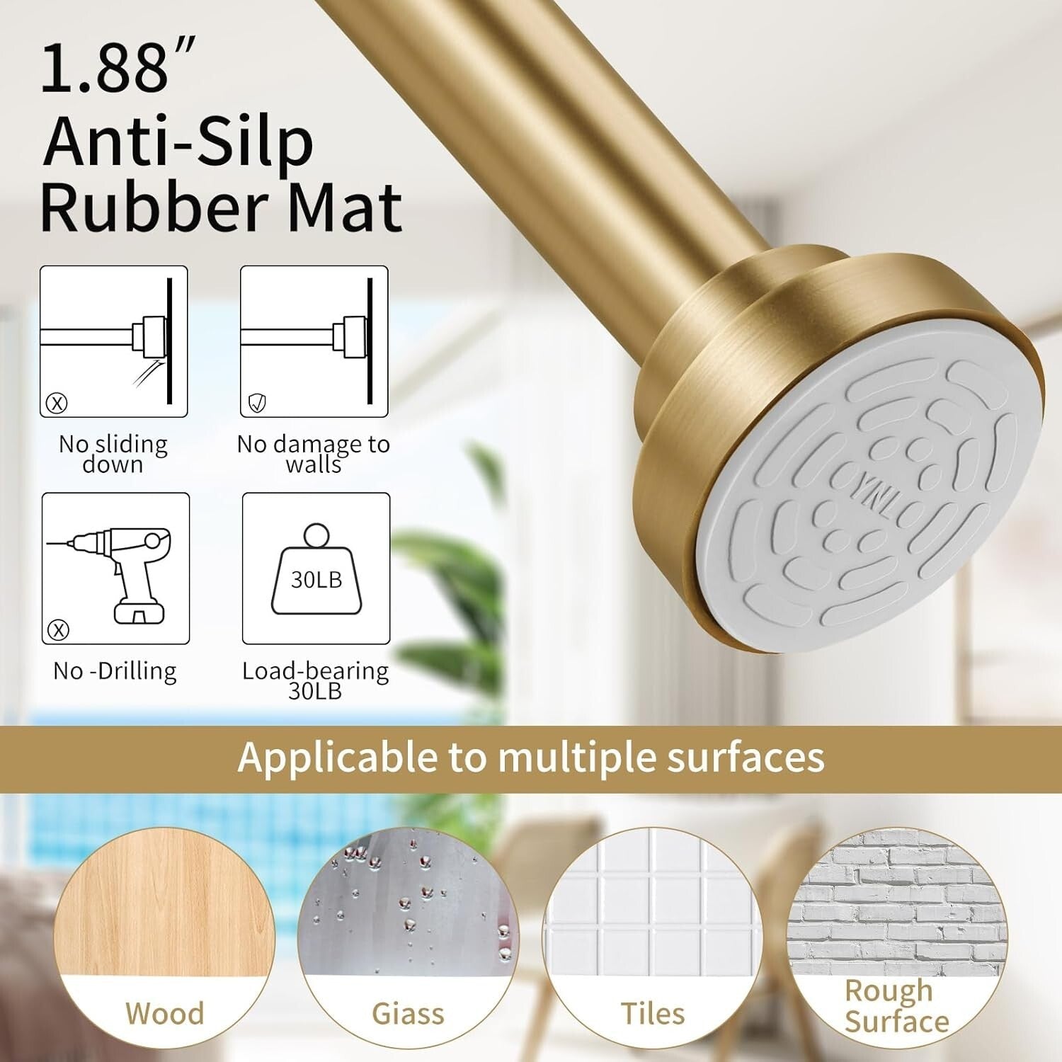 Versatile Gold Tension Shower Rod 34-96 Inches - Ideal for Bathrooms or Kitchens