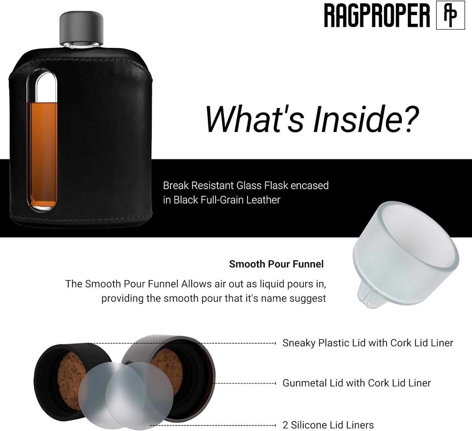 Modern Leather Covered Glass Hip Flask for Whiskey - Double Shot 240ml